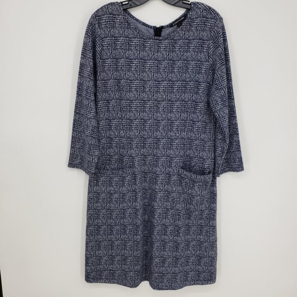 3/$25 41 Hawthorn Aniya Plaid Jacquard Knit Shift Dress L Pockets Work Navy Blue - Picture 2 of 11